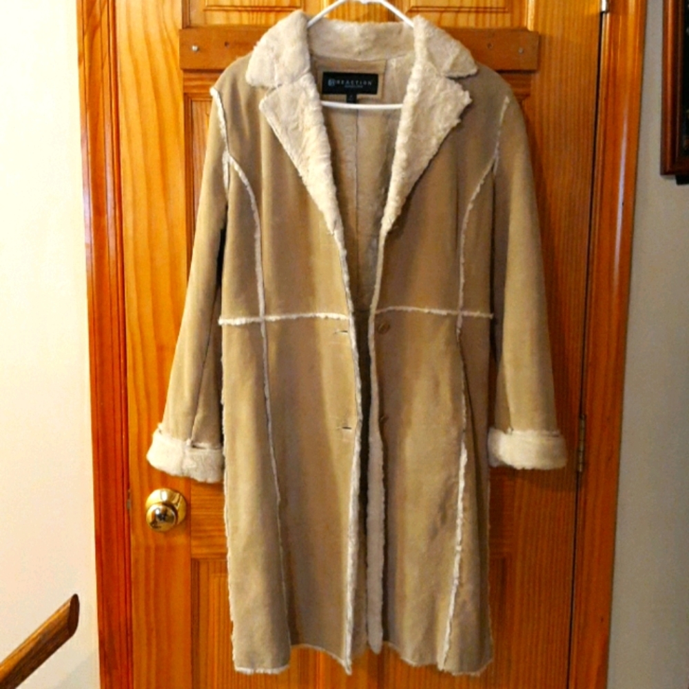 Suede winter coat with faux fur lining and trim